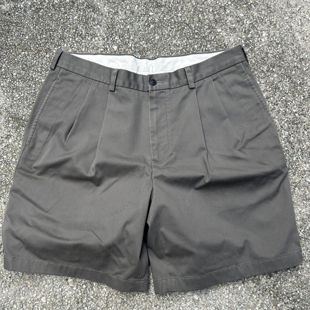 Brooks Brothers Mens Pleated Chino Shorts Dark Gray Olive Cotton W36